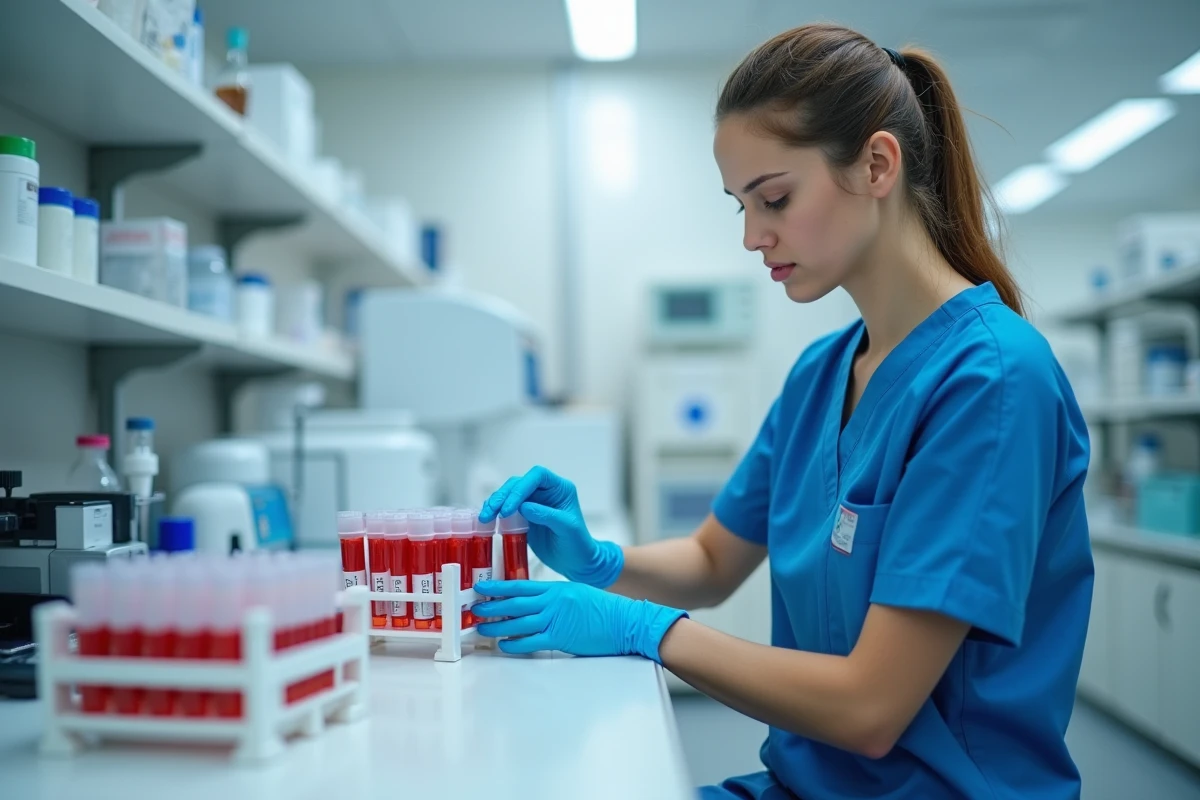 Technicienne de laboratoire manipulant des échantillons sanguins pour sérologie Epstein-Barr virus