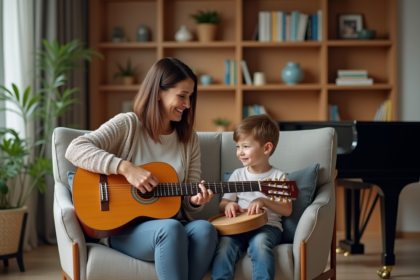 Femme musicotherapeute avec un enfant dans une salle chaleureuse