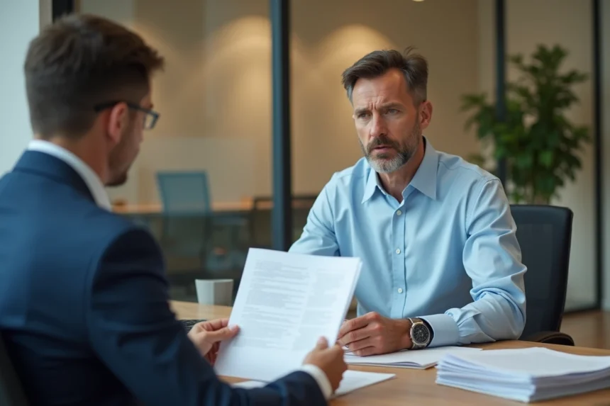 Un homme d'âge mûr discute de son dossier de prêt bancaire avec un conseiller, evoquant les implications d'un bilan sanguin anormal sur l'assurance emprunteur