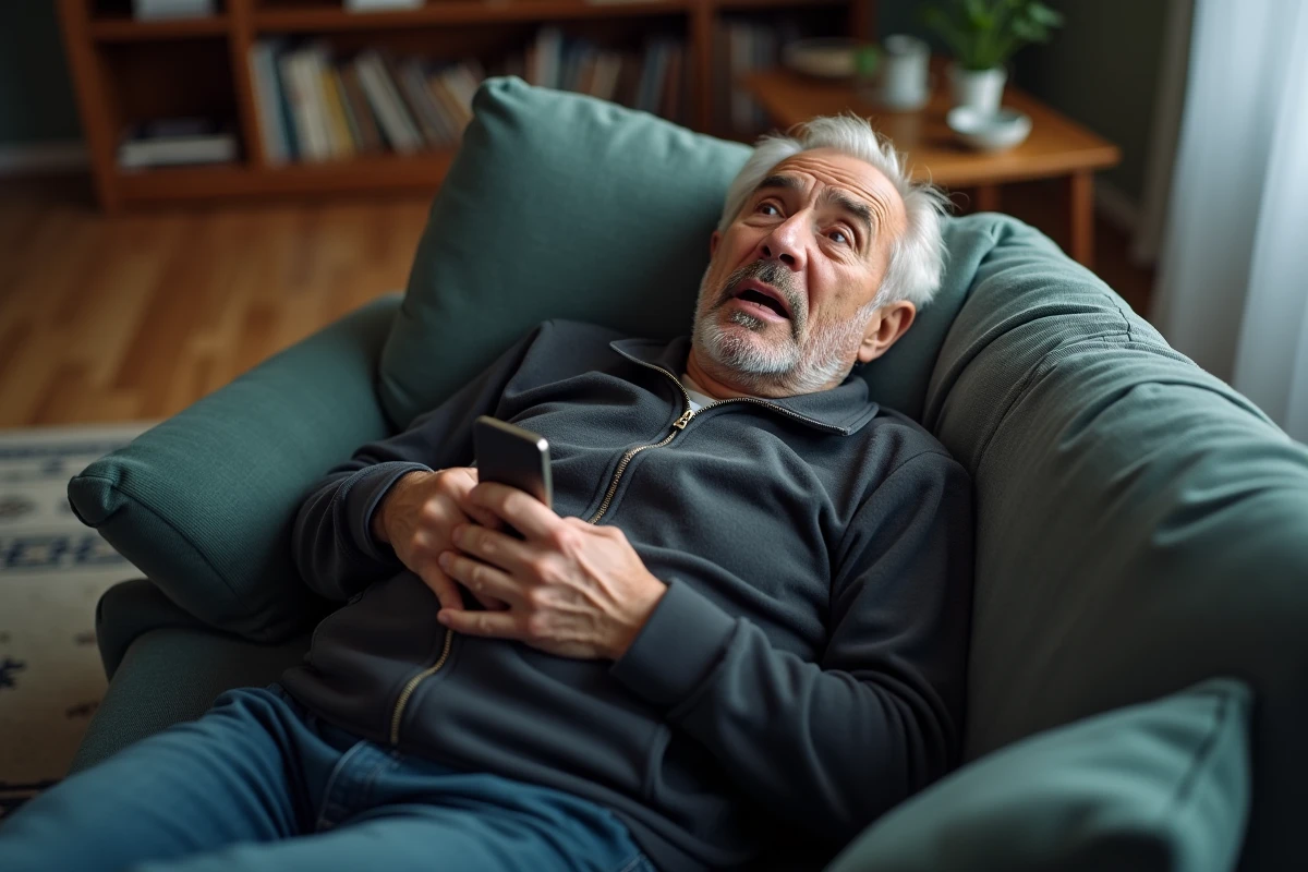 Homme âgé allongé sur un canapé avec la main sur la poitrine et un téléphone, illustrant une situation d'urgence cardiaque ou de douleur thoracique aiguë à domicile