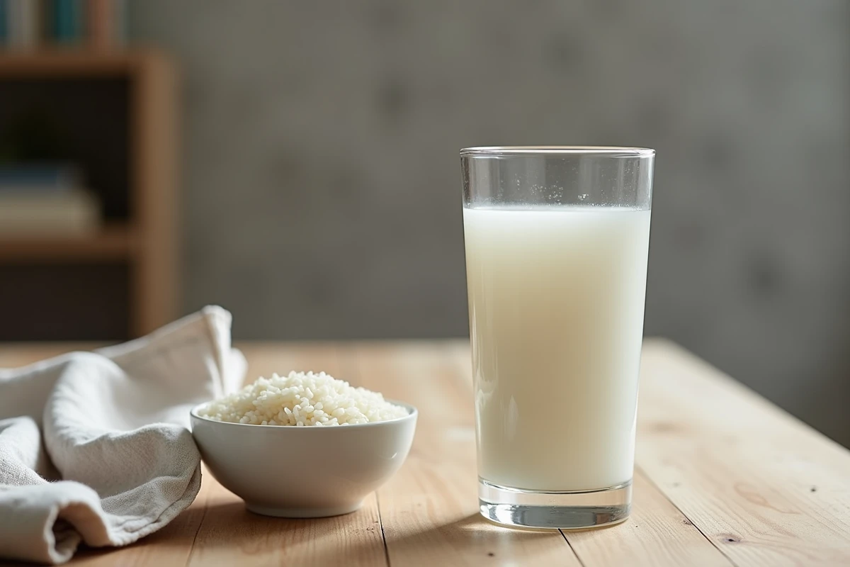 Verre d'eau de riz posé sur une table en bois avec un bol de riz cru, composition minimaliste et naturelle