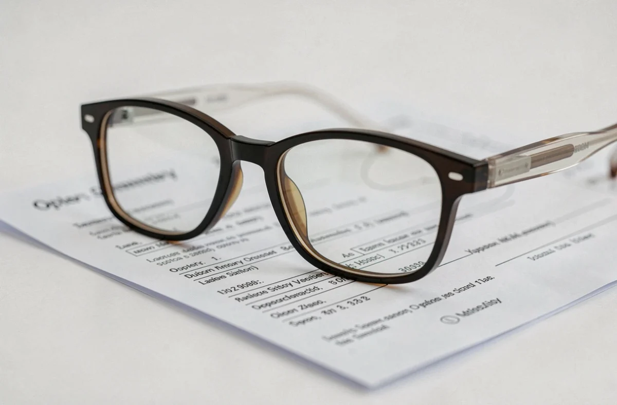 Lunettes à verres épais posées sur une ordonnance optique pour illustrer le réglage des paramètres de correction