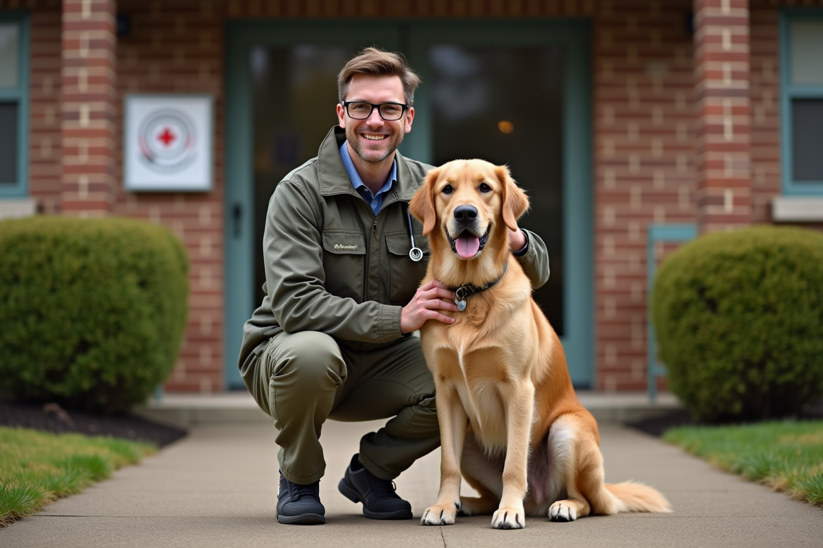 Veterinaire homme avec chien retriever dehors